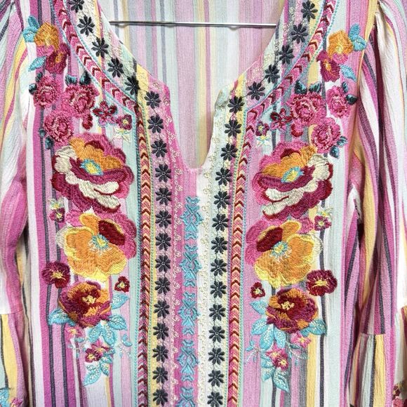 Andree Boho Floral Heavily Embroidered Tunic Top Size S Striped Bell Sleeve - Picture 6 of 9